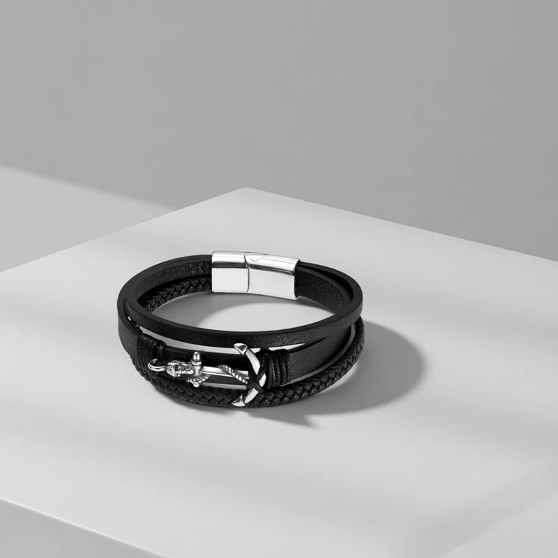 Men's boat anchor stainless steel multi-layer leather rope bracelet weaving process, personalized trend, versatile accessory
