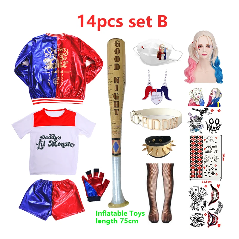 Harleen Quinzel Crianças Meninas Trajes Cosplay Fantasia Arlequina Vestido de Festa de Halloween Jaqueta Conjunto de Roupas de Taco de Beisebol