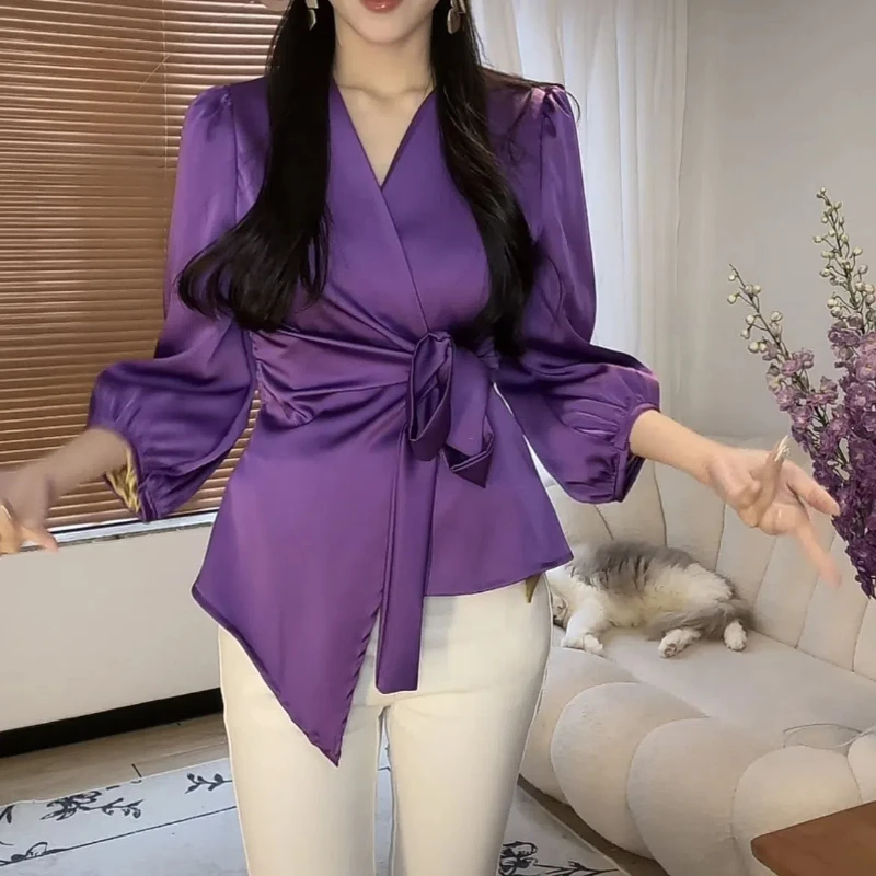 Light Cooked Satin New French Unique Design Strap Purple Slim Fit Top Shirt Waist Cinching Niche