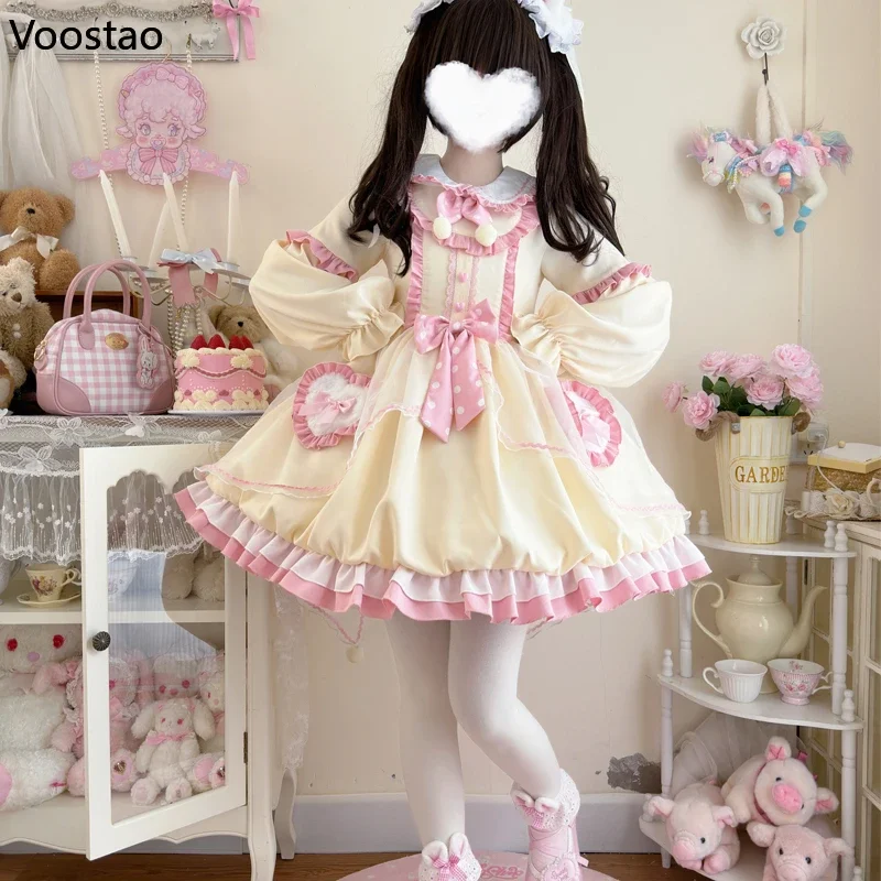 Vestido Kawaii Lolita OP para mujer, dulce lazo con volantes, conejito de dibujos animados, Mini vestidos de fiesta de manga larga, vestido de princesa gótico japonés para niñas