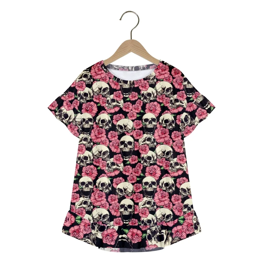 New Women t-shirts Skull Logo O-Neck 3D Print Lotus Leaf Sleeves y2k Clothes Casual Streetwear Tops Summer