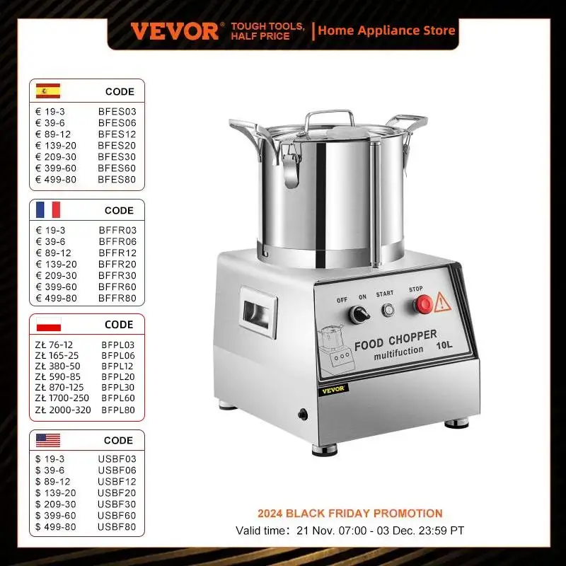 Vevor ตัวประมวลผลอาหารเชิงพาณิชย์ความจุ10L 1100วัตต์เครื่องตัดอาหารไฟฟ้า1400รอบต่อนาทีตัวประมวลผลอาหารสแตนเลสสำหรับธัญพืชผลไม้