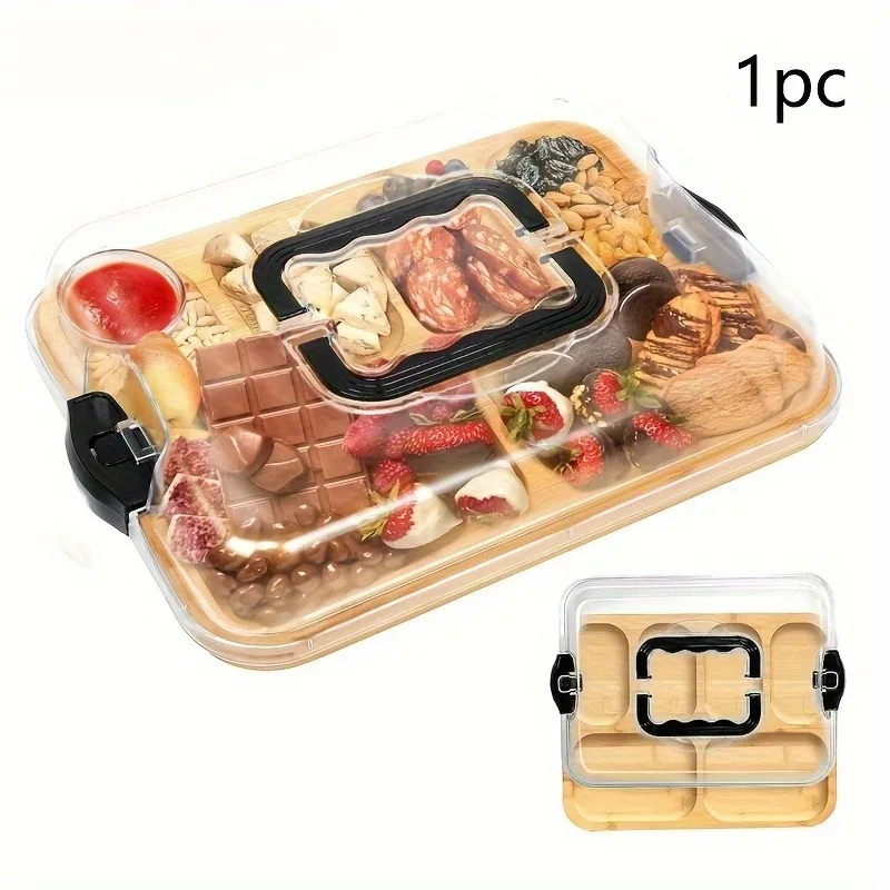 Stylish Natural Bamboo Cheese Tray – 1pc with Snap-On Acrylic Lid! Easy-Clean Party Serving Platter & Charcuterie Organizer