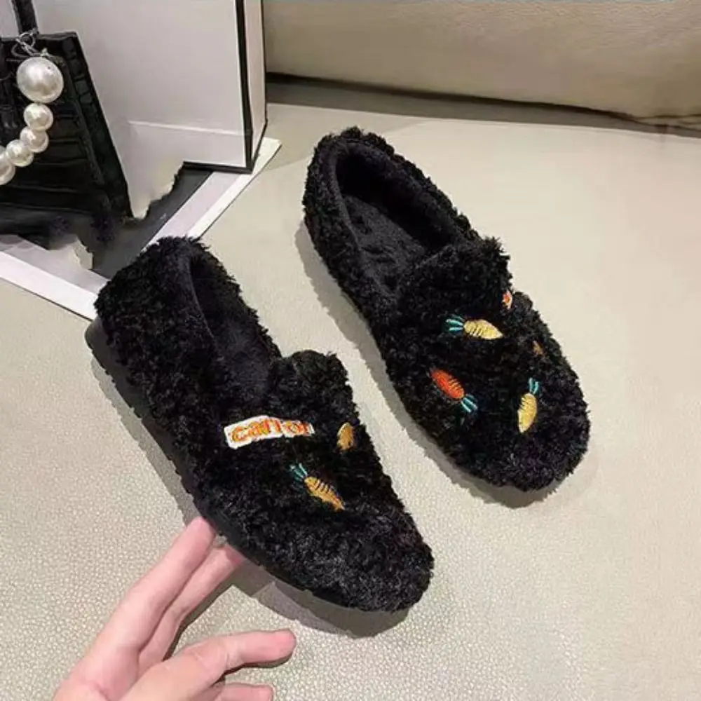 Cute Embroidery Carrot Plush Slipper Cartoon Soft Winter Slippers Shoes Homewear Warm Plush Shoes Women Soybean Shoes