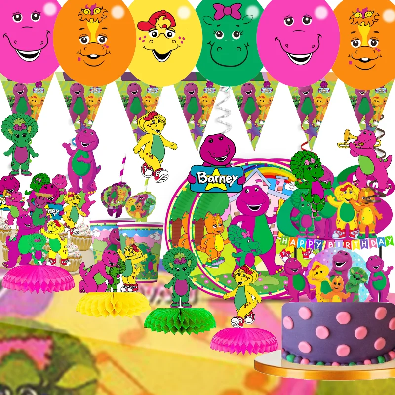 Fournitures de fête de dessin animé Barney, décorations d'anniversaire pour enfants, vaisselle britannique, nappe de serviette, assiette standard, faveurs à thème de fête