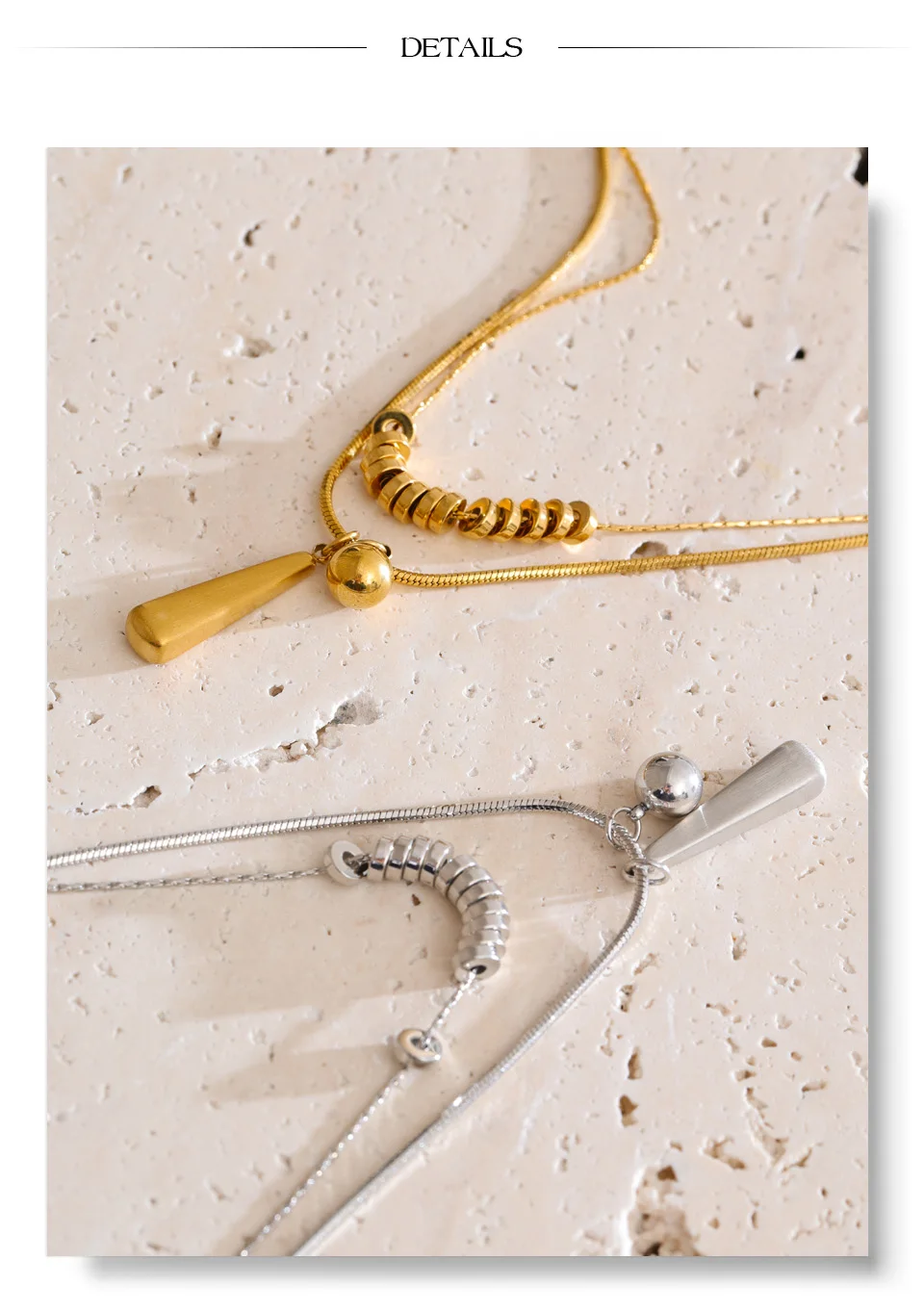 Yhpup Halskette mit doppellagigem Perlen-Wassertropfen-Anhänger aus Edelstahl, anlaufgeschützt, unverwechselbarer Kragen-Schmuck – Detail 8