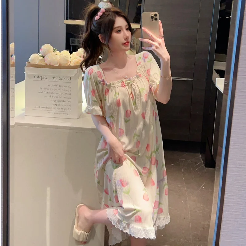 plus Size Ice Silk Sleepwear Women's Summer Home Clothes Loose Maternity Gown Floral Lace Detail Short Sleeve Midi Dress