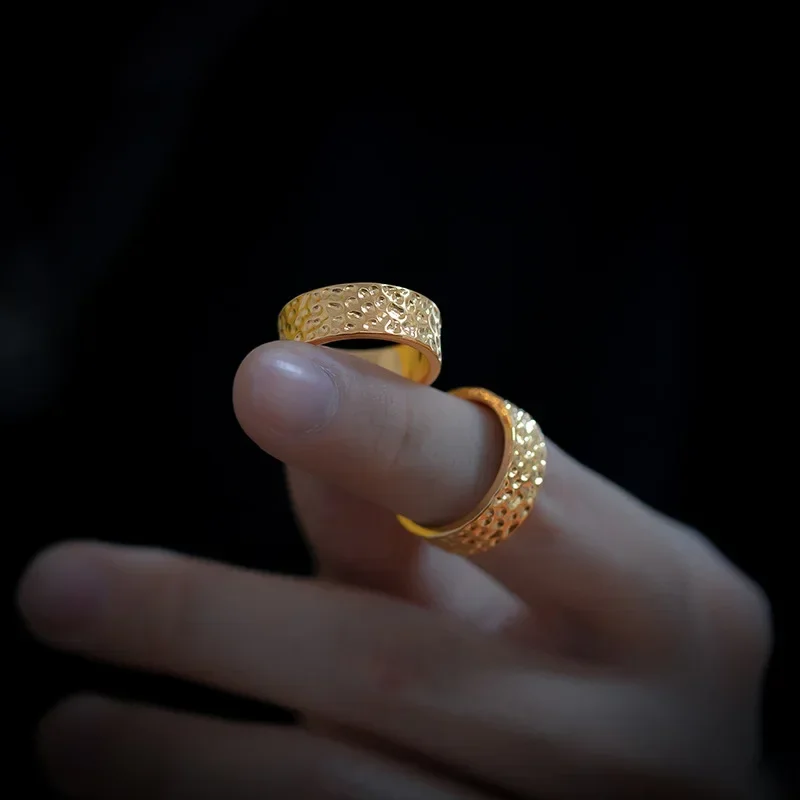 9999 real gold 24K yellow gold Handmade hammer ring for men and women couples image 4
