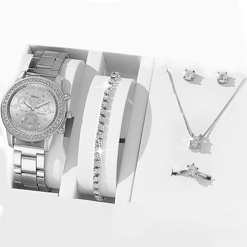 

Women Quartz Watch Luxury with Diamonds Simple Stainless Steel Strap Clock Ring Necklace Earrings Rhinestone Set Reloj (no Box)