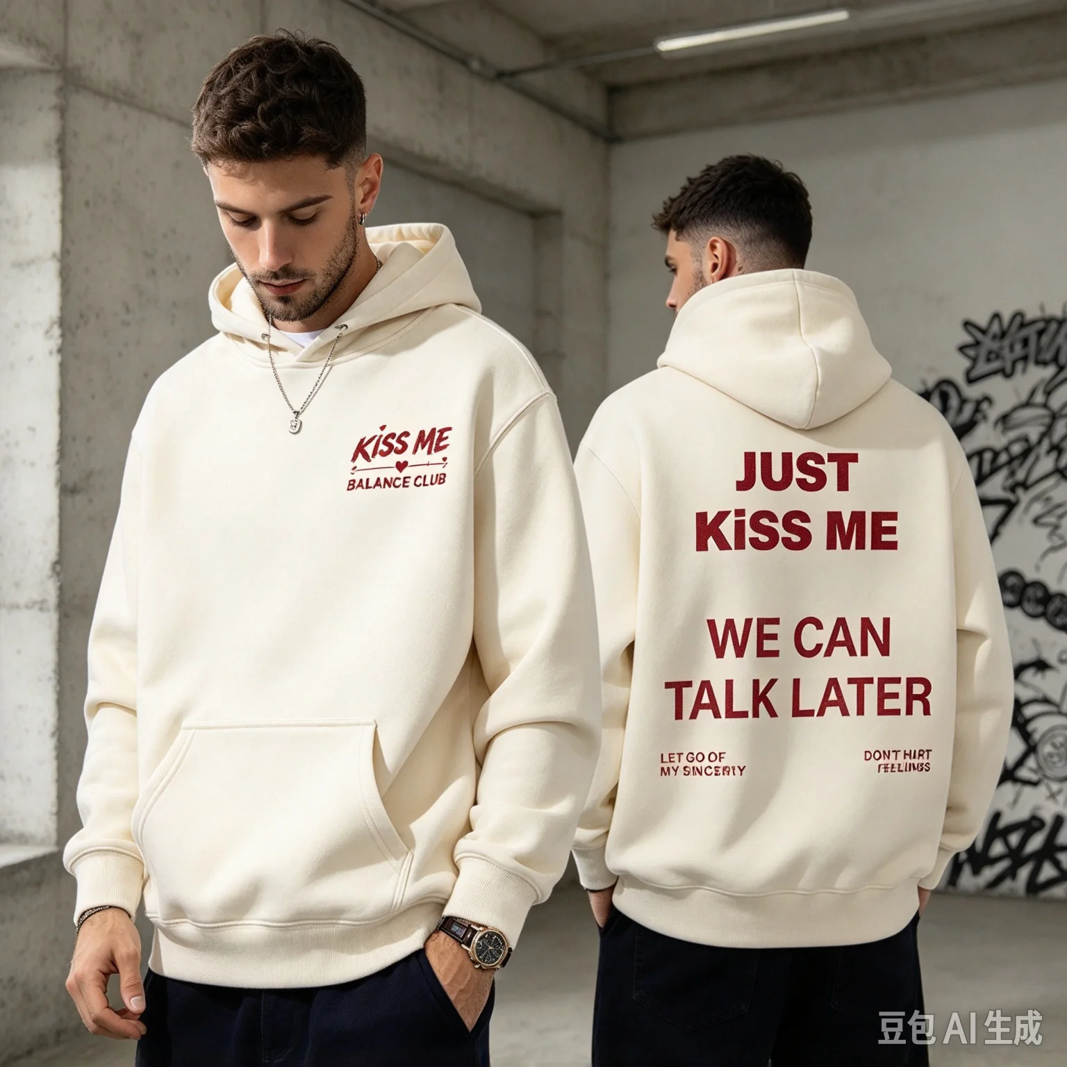 Men Front Back Slogan Letter Print Hoodie Just Kiss Me Text Graphic Streetwear Pullover Hooded Sweatshirt