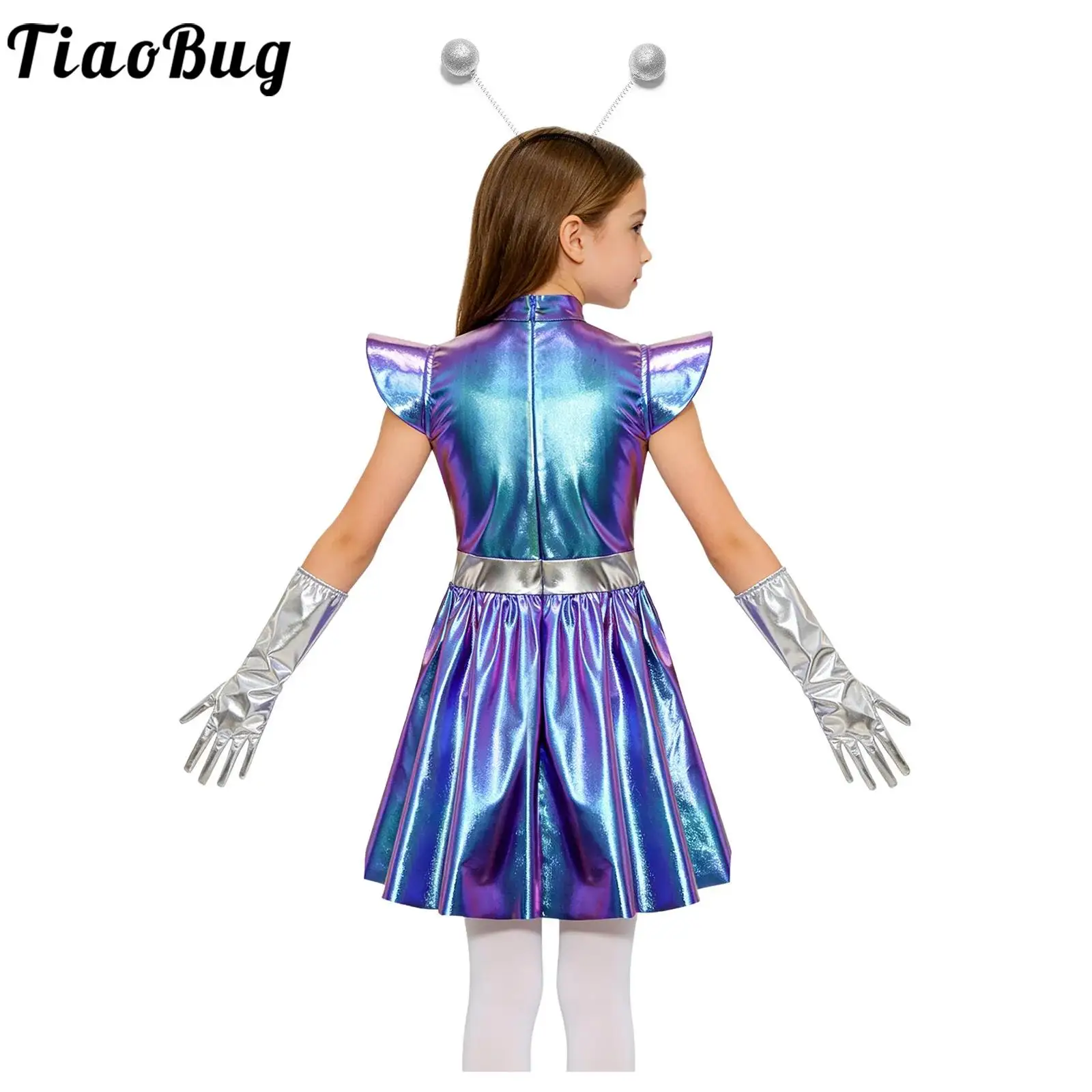 Girls Alien Metallic Costume Outer Space Dress Metallic Back Zipper Ruffled Robot Astronaut Robot Tutu Dress with 1 Pair Gloves