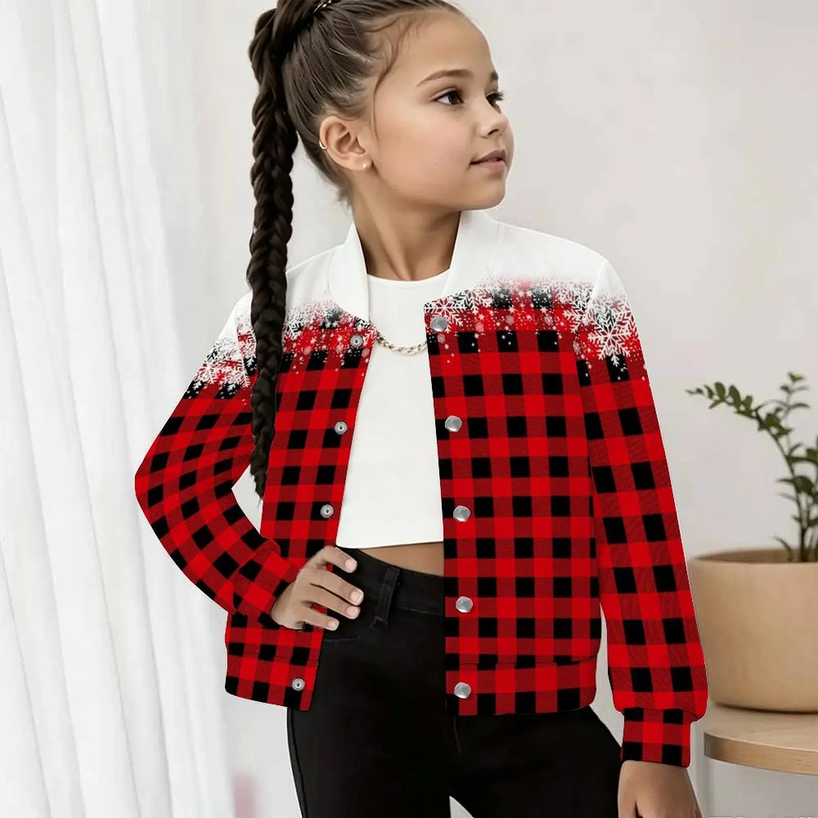 Girls Retro Trend Print Long Sleeve Jacket ,Sweet Casual Christmas Coat for Everyday Party