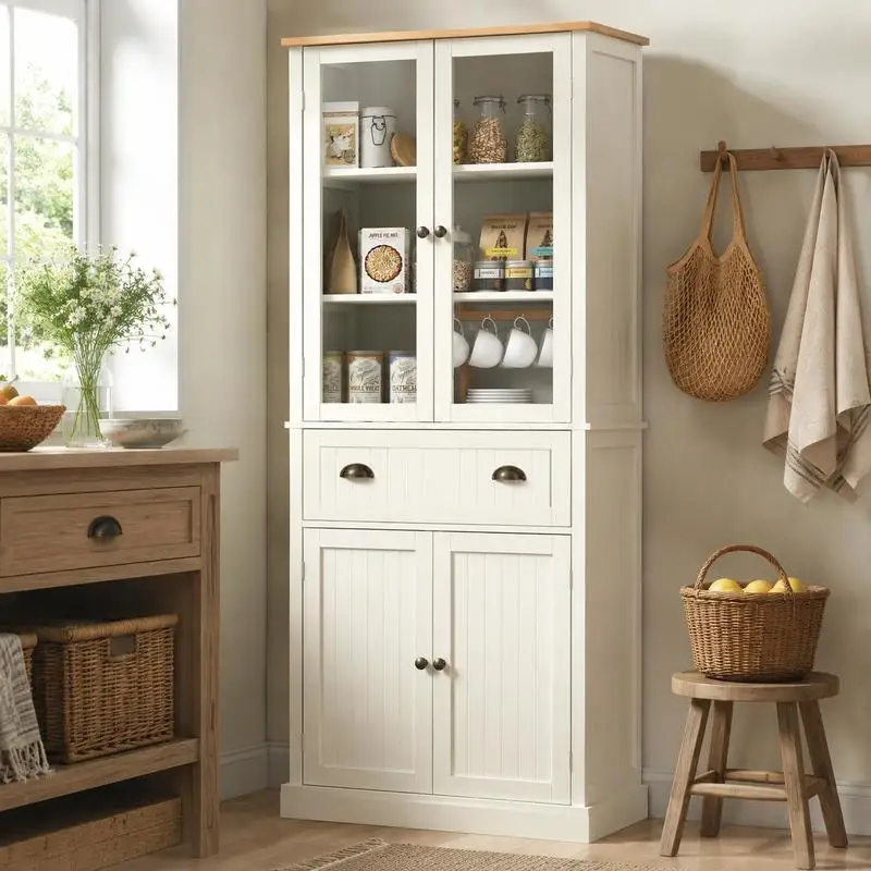 Buffet de cuisine beige, hauteur 182,5 cm, meuble de rangement haut pour salon et cuisine avec 4 portes dont 2 vitrées, 1 tiroir et étagères entièrement réglables, structure robuste pour vaisselle, verres et ustensiles, adapté aux cuisines familiales, en bois.
