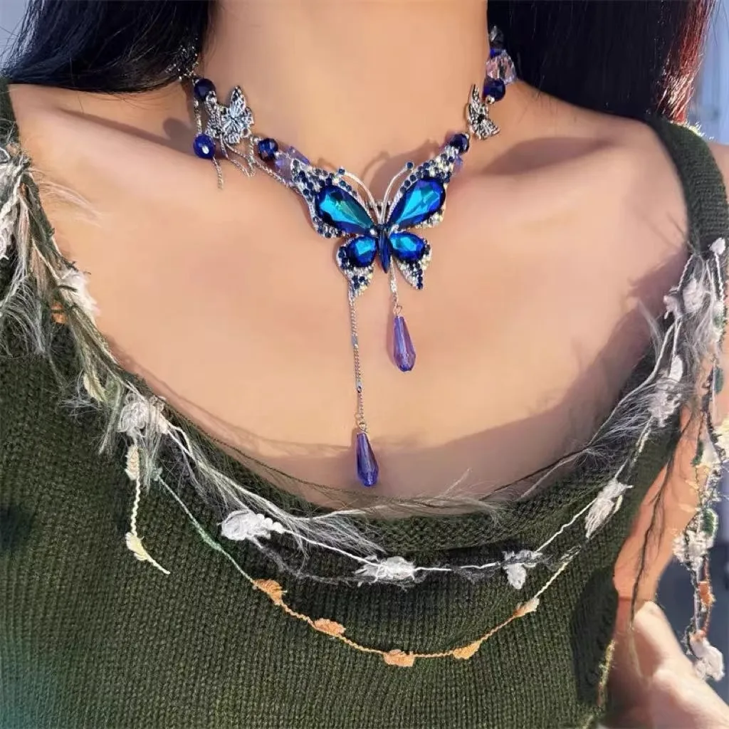 Blue Crystal Butterfly Tassel Necklace Retro Vintage Statement Collarbone Chain Fashion Jewelry for Women