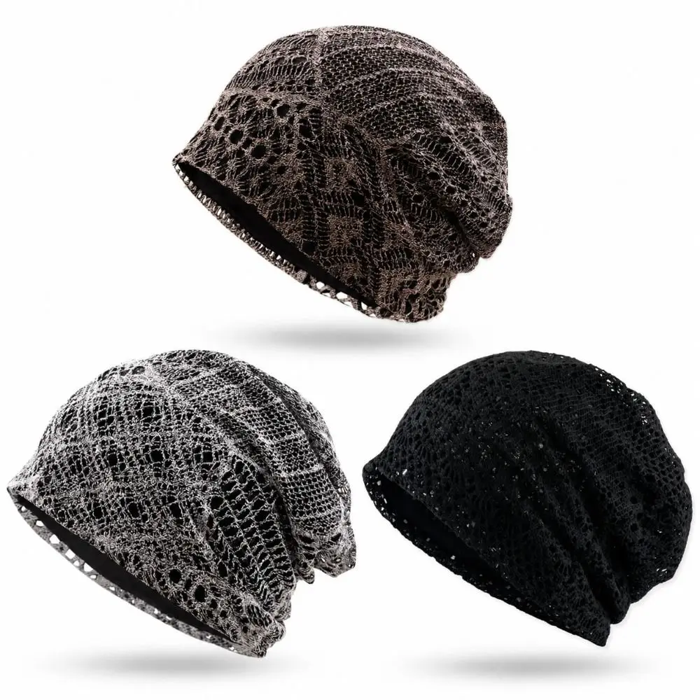Hollow Out Mesh Beanie for Women Knitted Crochet Breathable Mesh Beaded Crochet Cap Soft Lightweight Pullover Hat Outdoor Travel