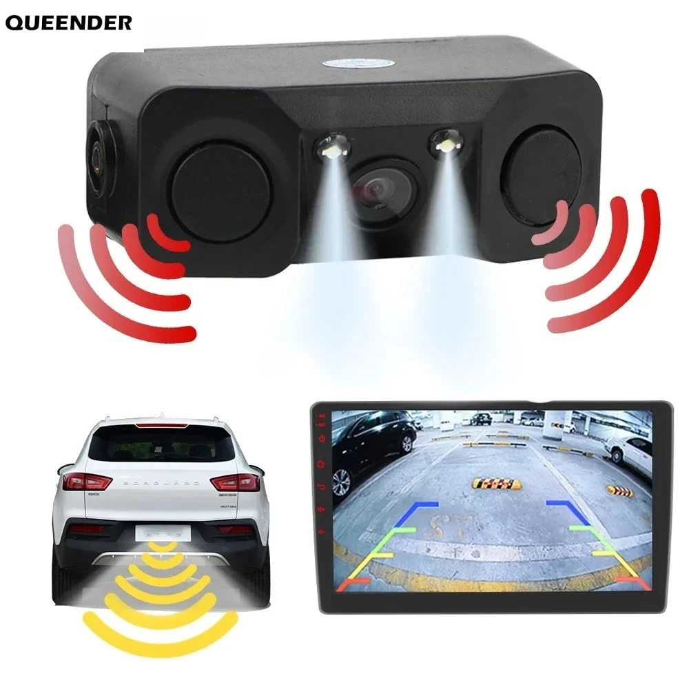 LED Light 3-in-1 Car Backup Kit - Mini Alarm, Reversing Radar Sensor & Night Vision Camera - 12V Universal