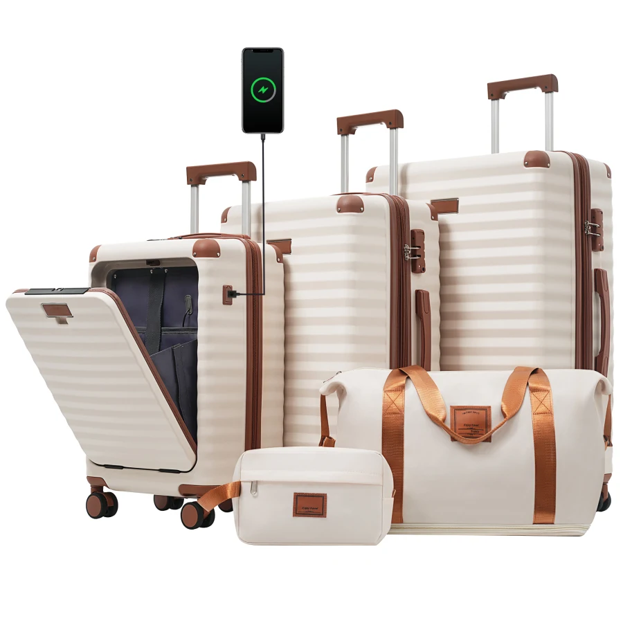 

Luggage Sets 5 Piece for Travel: Hardside Expandable Carry-on with Front Opening, Black Polycarbonate, TSA Lock, USB Port, Cup