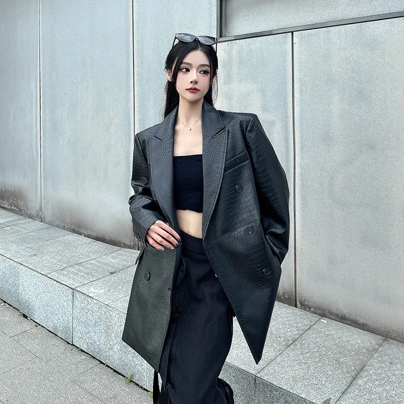 Cappotto blazer in pelle PU nera di alta qualità da donna nuova giacca da abito in ecopelle da donna con temperamento allentato coreano primavera autunno