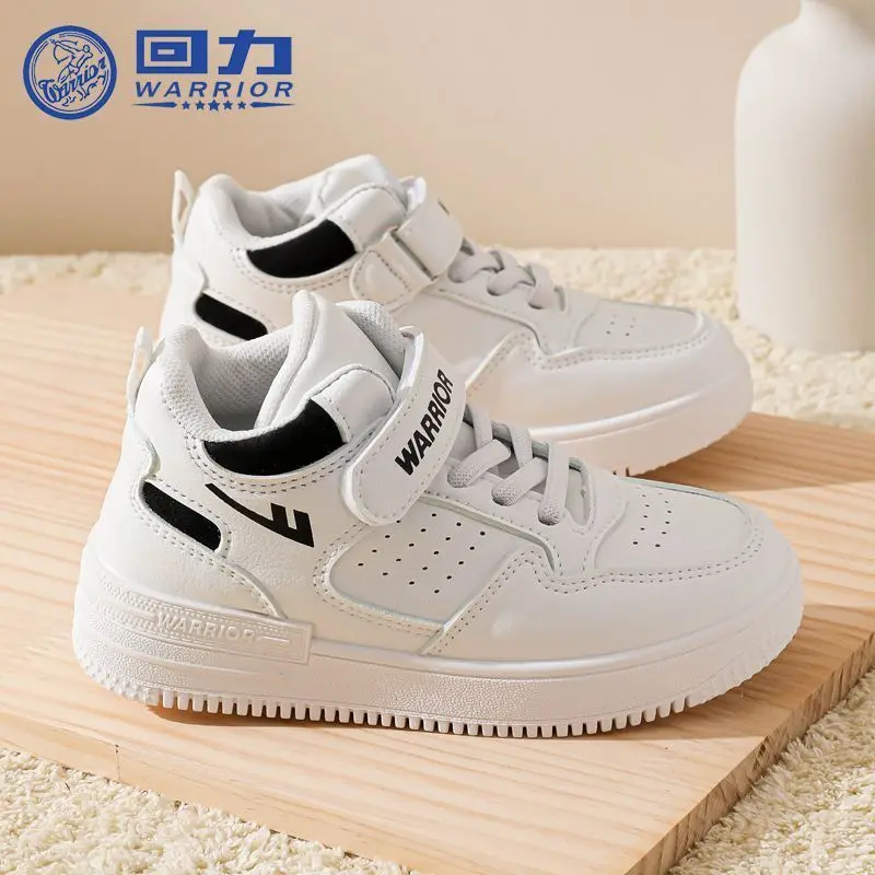 

Warrior Children Winter Casual Shoes Boys 2025 New High Top Kids Sneakers Girls Winter Waterproof Leather White Shoes