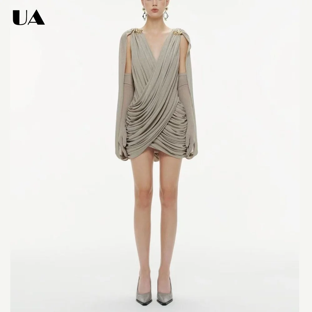 

Elegant Deep V-neck Draped Mini Prom Dress, Trendy Backless Short Dresses for Women, Fashionable Shearh Cocktail Party Dress