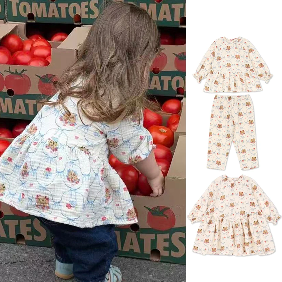 

2025 Autumn Children Clothes Set KS Girls Gauze Long Sleeved Tops Shirts Pants Toddler Girl Soft Cute Cartoon Dresses Homewear