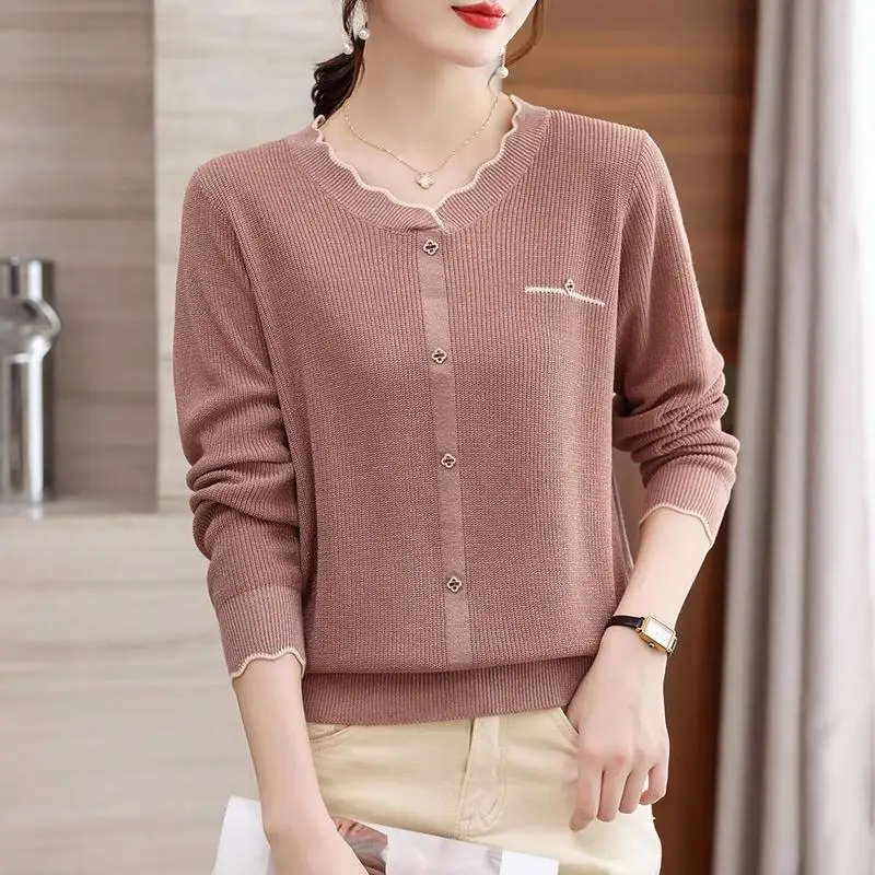 Fashion O-Neck Spliced Button Ruffles Knitted Sweater Women\'s Clothing 2023 Winter New Casual Pullovers Long Sleeve Tops