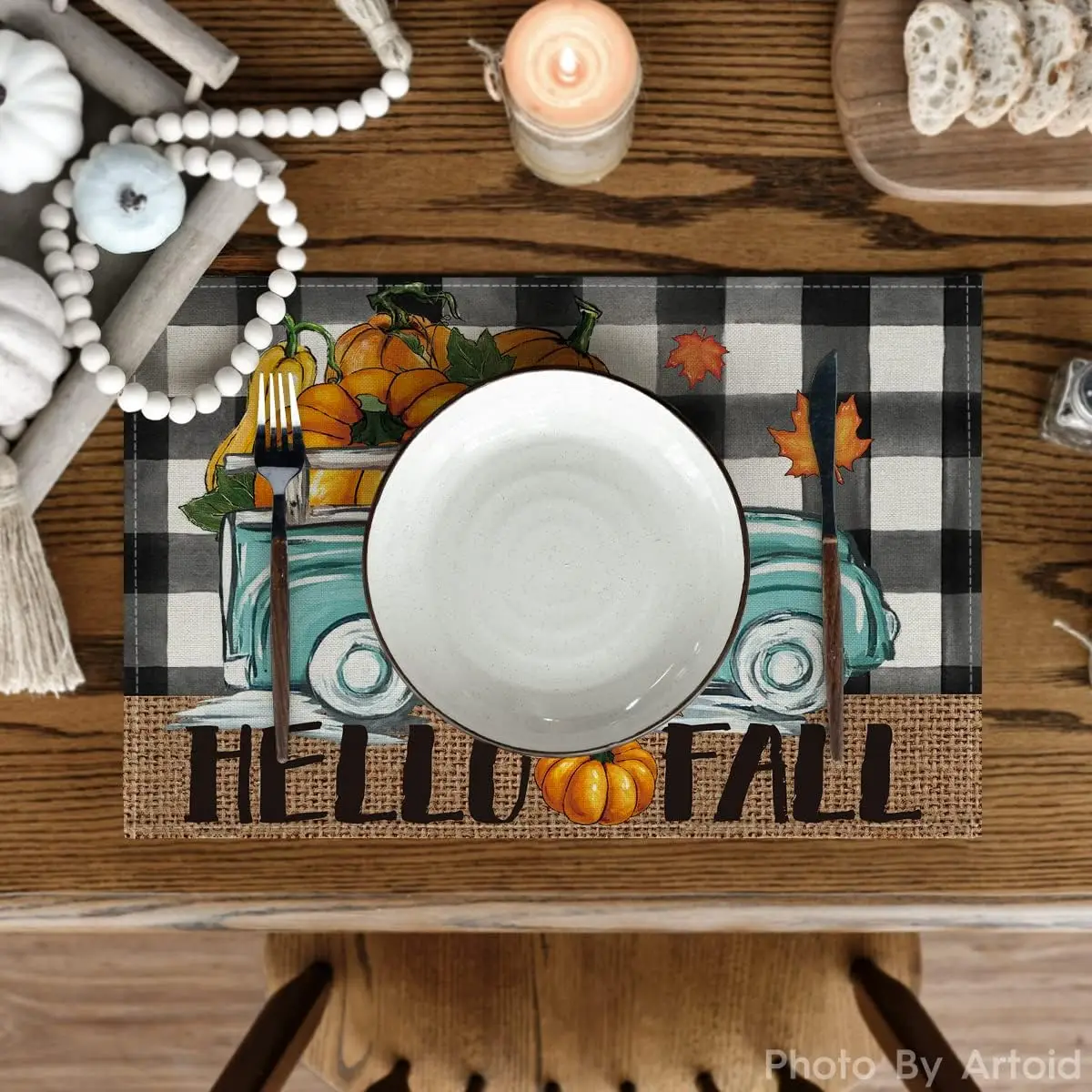 Buffalo Plaid Truck Hello Fall Placemats Set Of 4, 12x18 Inch Seasonal Autumn Table Mats For Party Kitchen Dining Decoration
