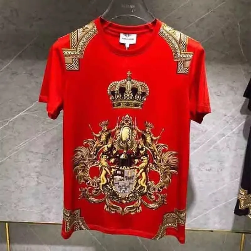 European and American Fashion New Crown Red Short Sleeve T-Shirt Fashion Men's Summer Leisure Thin Temperament Slim Half Sleeve