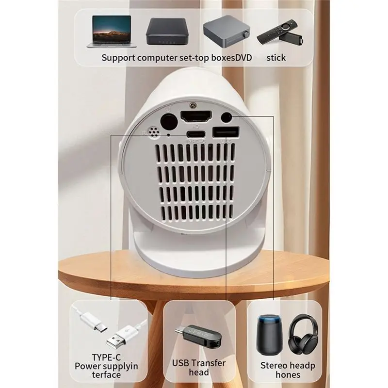 AS95 Portable -compatible Projector Y200 Phone Cable Connection 180 Degree Rotation for Home Entertainment