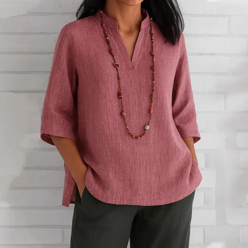 ياقة نسائية سبعة أرباع Sved قطن كتان irt Commute Sle فضفاض مناسب نسيج البوليستر سبعة Sve ربيع طويل irt #3