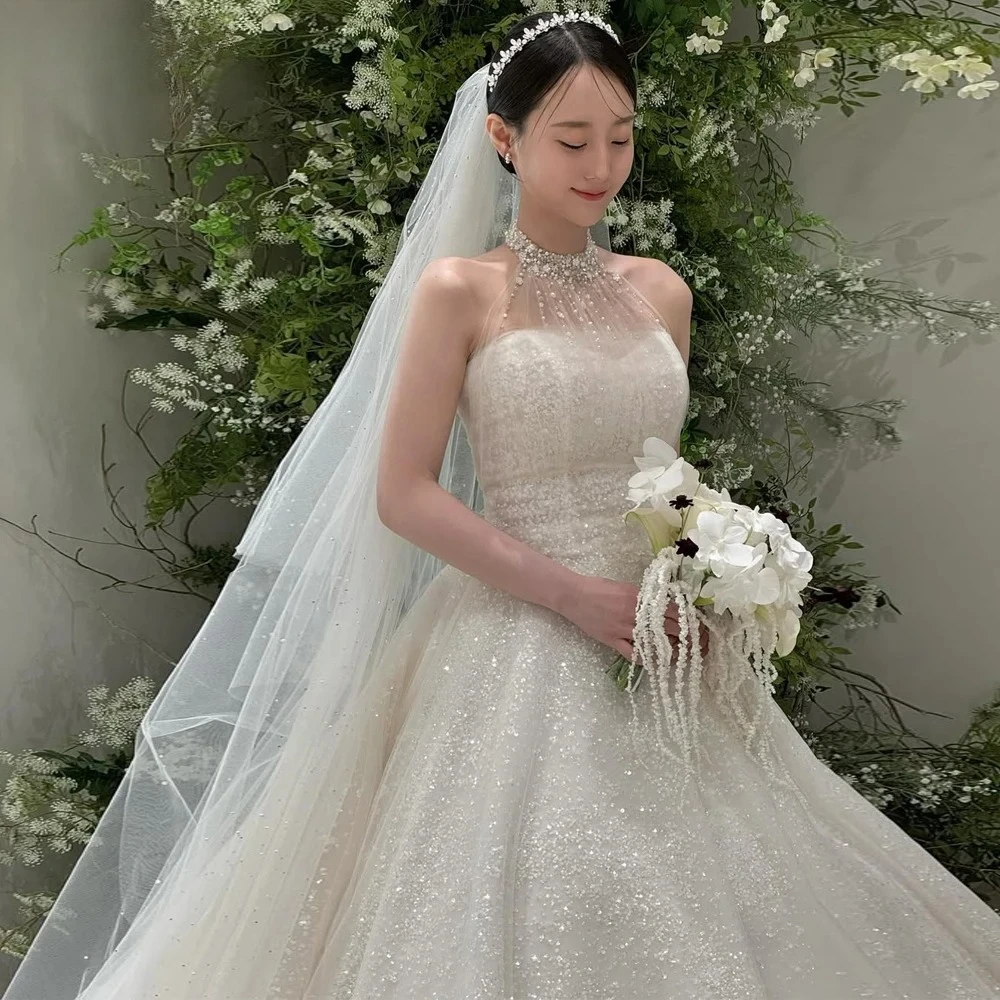 Sparkly Ruffle Halter Floor-Length Wedding Dresses Korea Photo Shoot Bridal Gowns A-line Corset/Zipper Back Customized