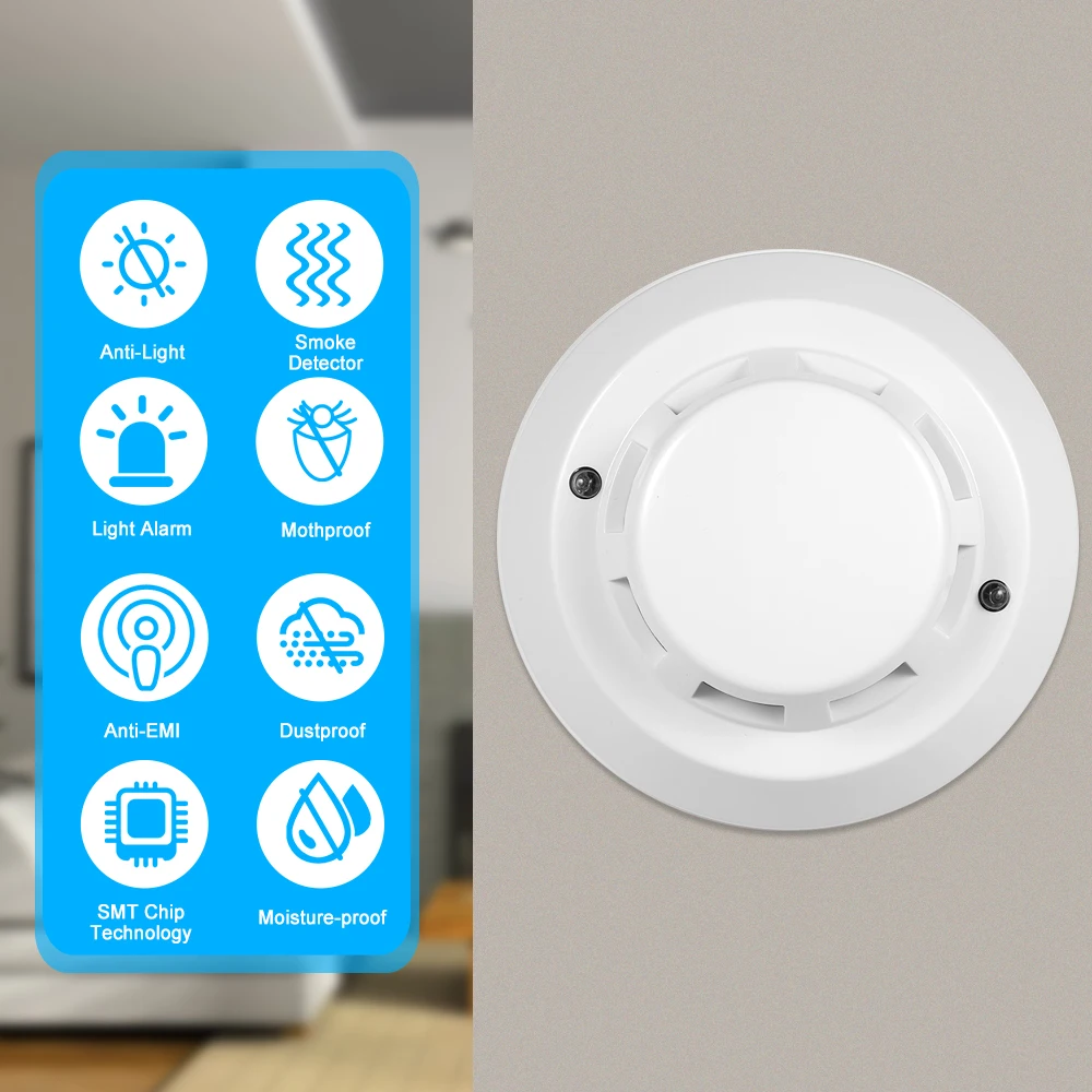 Wired Photoelectric Smoke Detector High Sensitive Alarm Sensor Anti Burning Connect to Wired Zone for Home/Store/Hotel/Factory