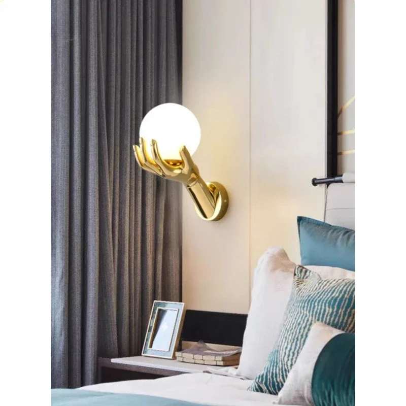 

Golden Hand Wall Lamp Creative Decoration Lights for Living Room Corridor Modern Resin Glass Ball Bedside Wall Light Fixtures