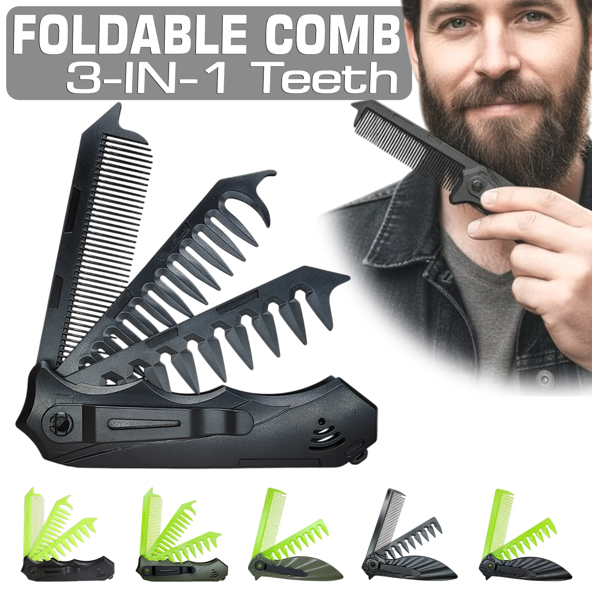 3 in 1 Folding Comb Portable Pocket Beard Comb Pocket Size for Travel Black Plastic Mustache Hair Comb for On-the-go Grooming