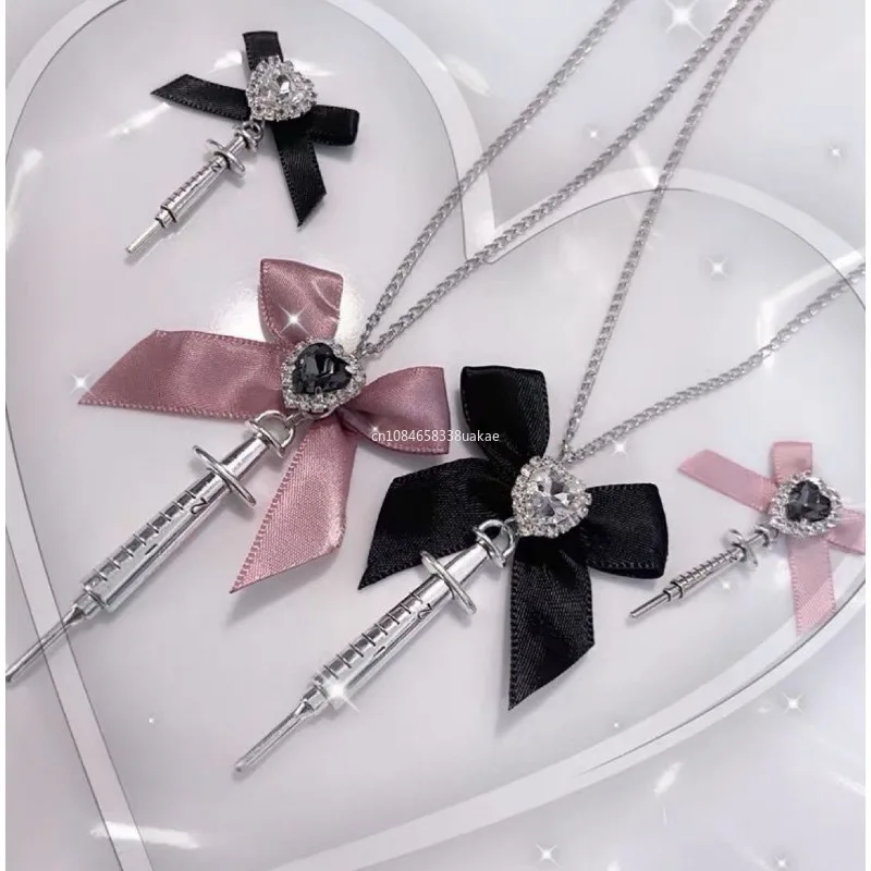 2024 New Love Heart Bowknot Metal Syringe Pendant Necklace for Women Dark Cool Trend Jewelry Gothic Fashion Accessories Y2k