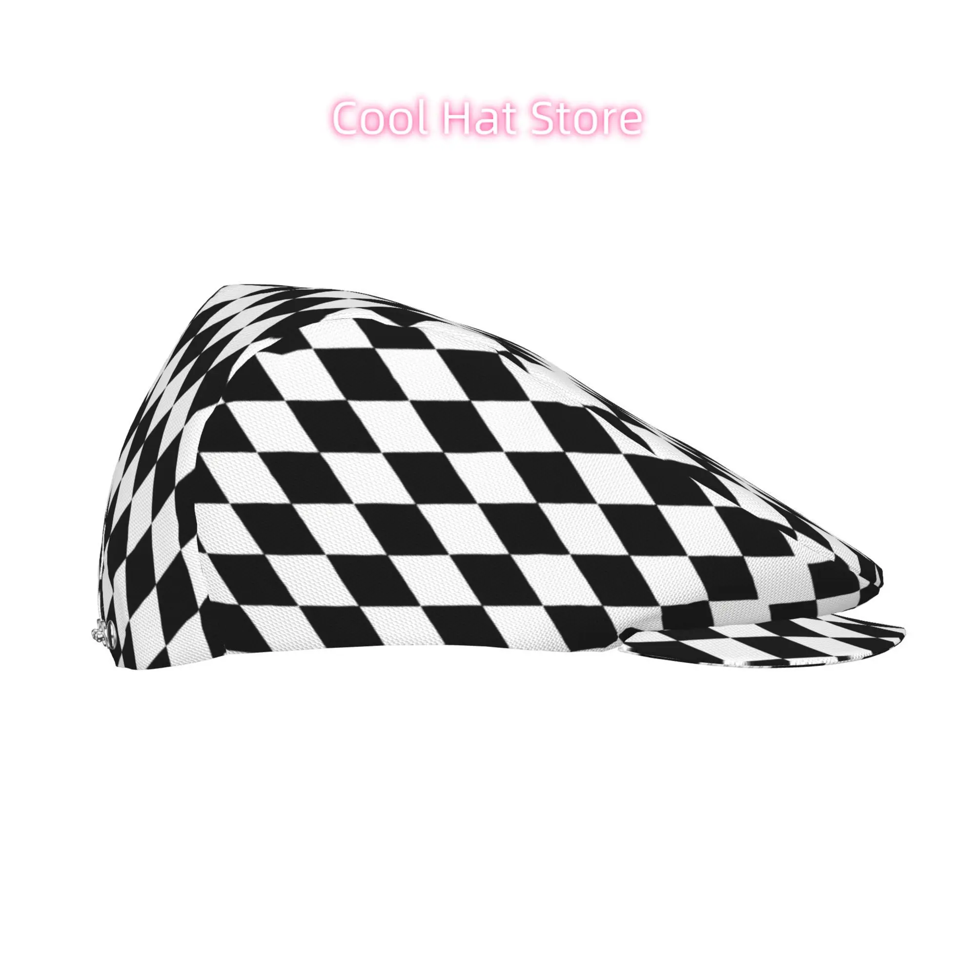 Men'S Adjustable Beret Hat in a Black And White Rhombus Check Pattern, Made of. Also Available Are Women'S Cabbie Caps And Gatsb