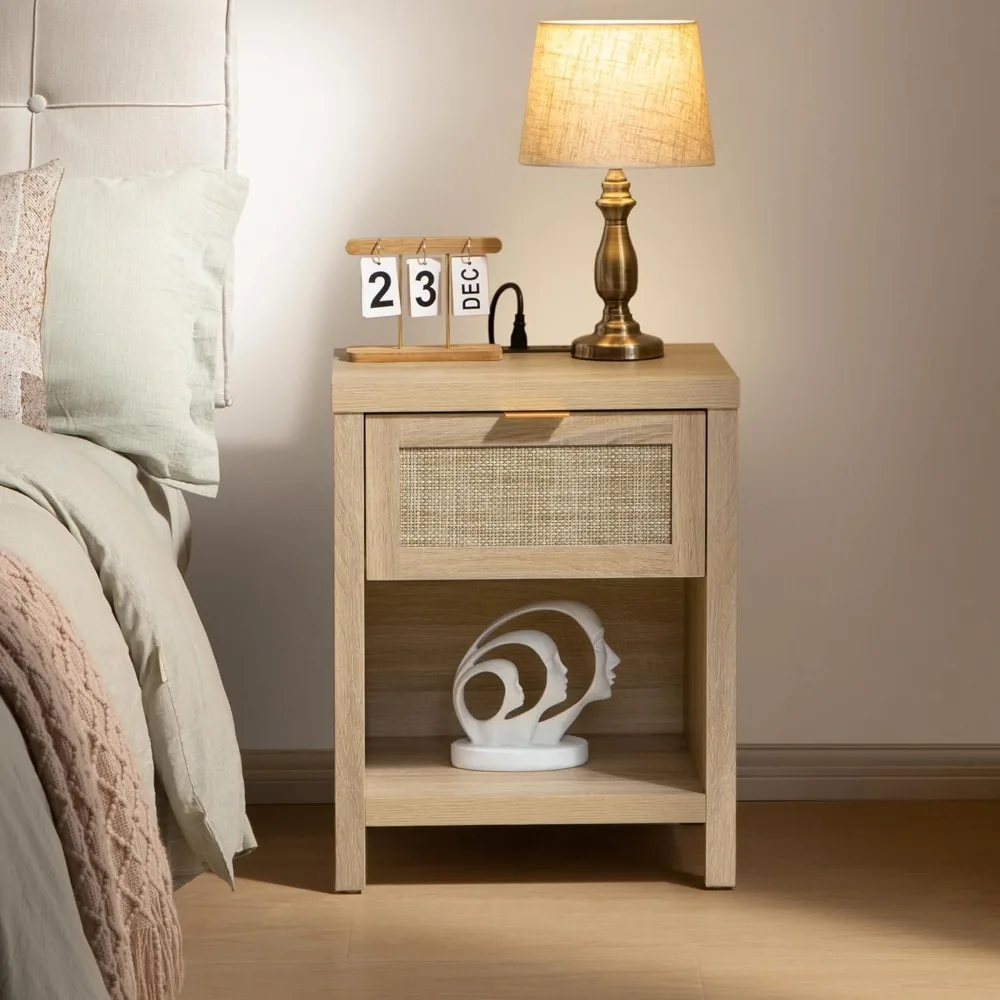 

Night Stand Set of 2 with Charger Station Rattan Nightstands with Drawer Farmhouse Bedside Table with USB and Type-C Ports Boho
