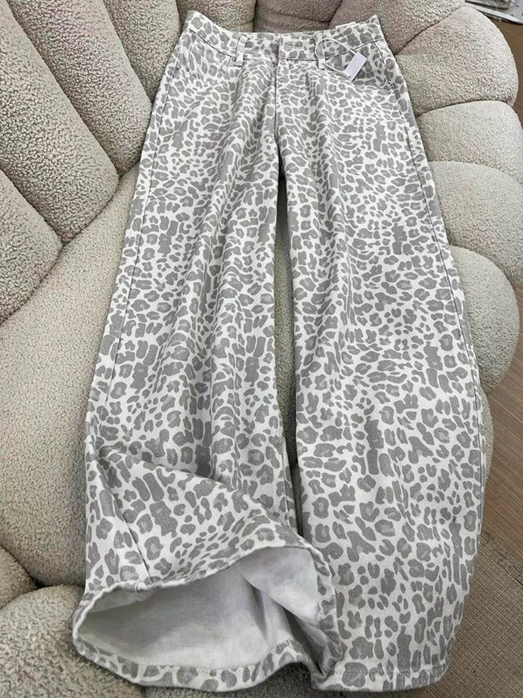 Hop Leopard Jeans Women Loose Vintage High Waist Streetwear Y2k Denim Pants Fall Winter Bf American Harajuku Retro Trousers
