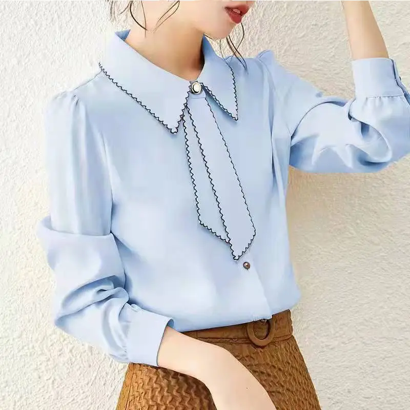 Casual Wave Polo-Neck Ribbon Bow Solid Female 2022 New Blouses Women Clothing Long Sleeve Fashion Bright Silk Chiffon Shirts Top