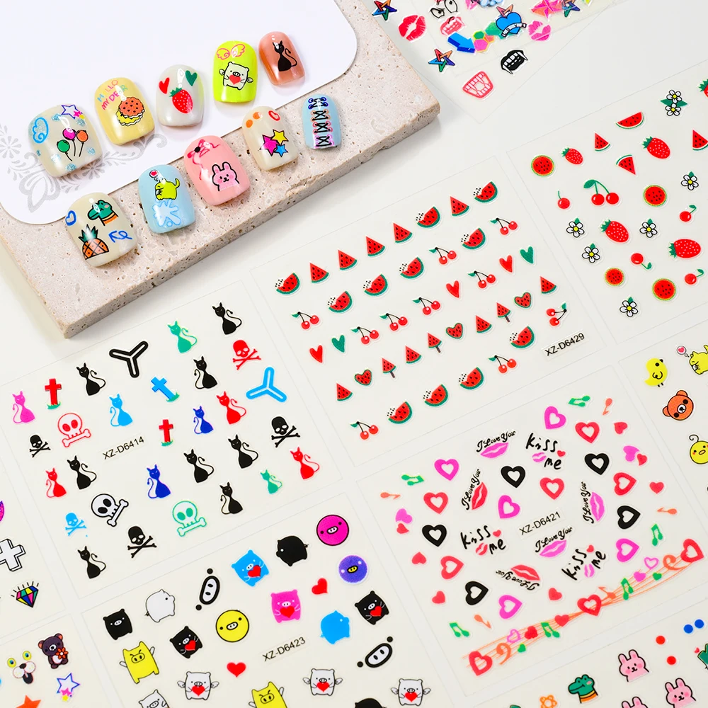 30 pezzi adesivi per unghie modello simpatico cartone animato cuore 3D, fiore, frutta, animale design colorato decalcomanie per unghie per manicure scrapbook deco