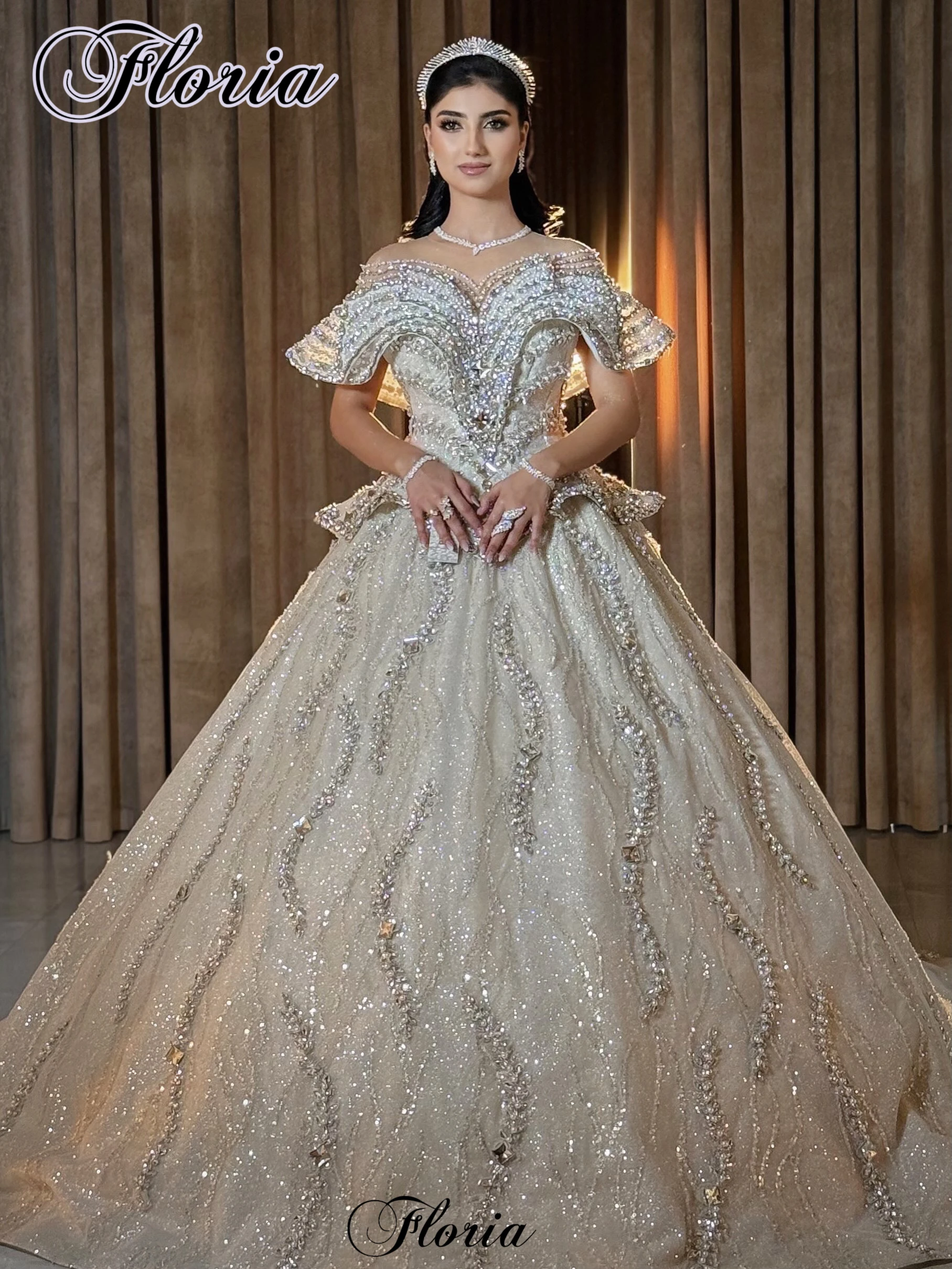 2027 Sparkling Luxury Wedding Dresses With Crystals And Pearls Sheer Neck Chapel Brides Dress Elegant Vestido Blanco Customized