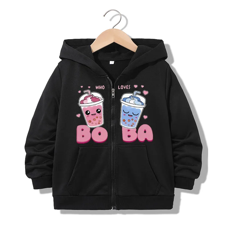 Niedlicher Kapuzenpullover mit Reißverschluss, lustiger, lässiger Boba-Tee-Print, Buchstaben-Hoodies, Jacken für Jungen und Mädchen, Y2k-Sweatshirt mit Reißverschluss, Frühlings- und Herbst-Hoodies