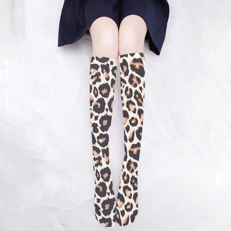 Medias por encima de la rodilla para mujer, calcetines de pantorrilla con textura de Animal de leopardo, dibujos animados, Cosplay bidimensional,