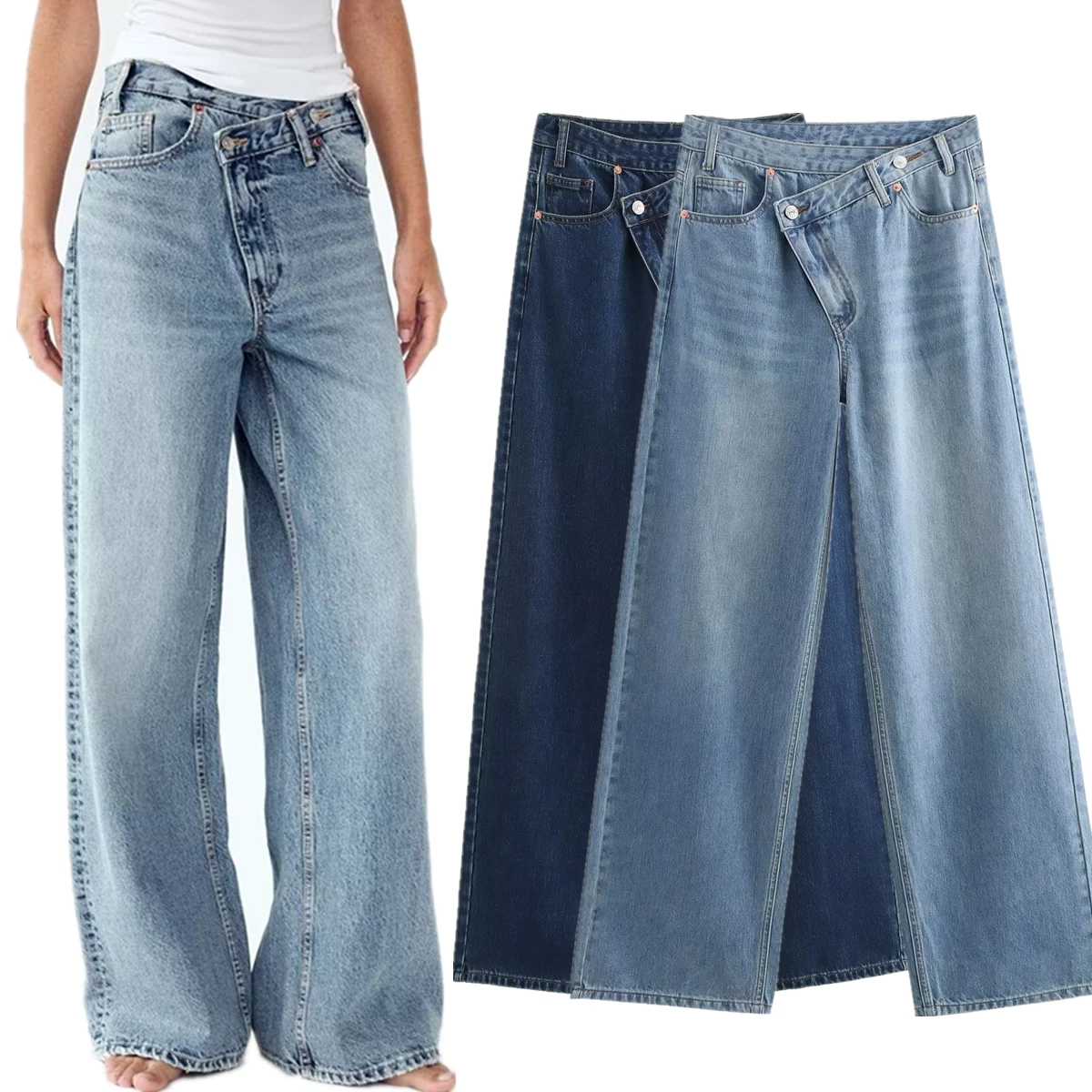 

Dave&Di American Retro Mom Jeans Asymmetrical Single Breasted High Waisted Straight Leg Jeans Women Denim Pants