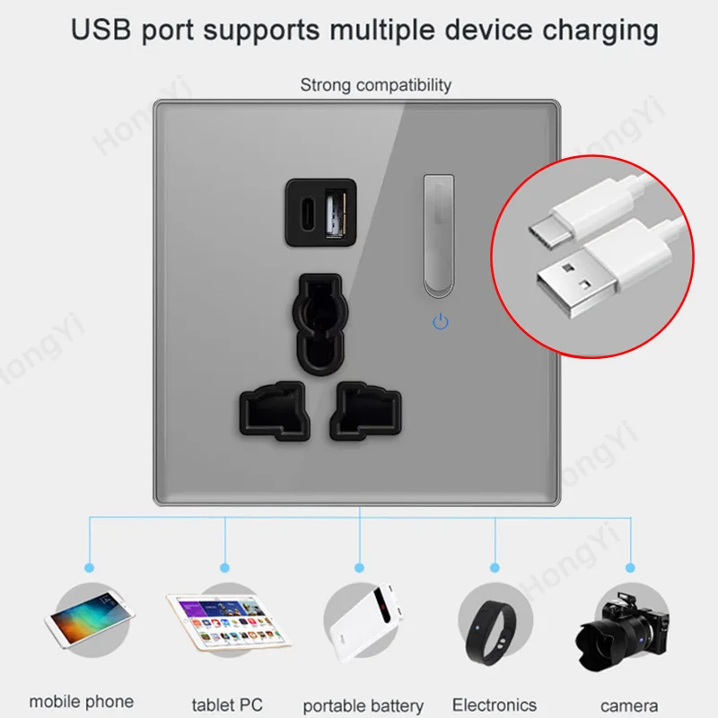 Lámpara de pared panel de interruptor retro 1-4 Gang2Way UE vidrio templado gris enchufe de interruptor antiguo internacional con carga USB C