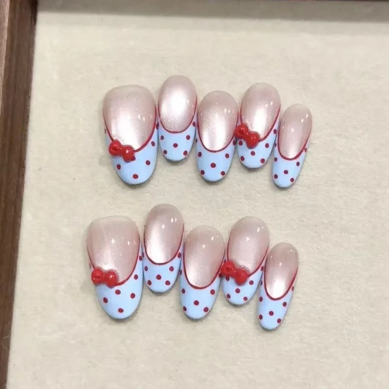 10pcs Handmade Nails Red French Polka-dot Cat-eye Bow Design Short Oval Shape These Press-on Nails Make A Great Gift for Girls