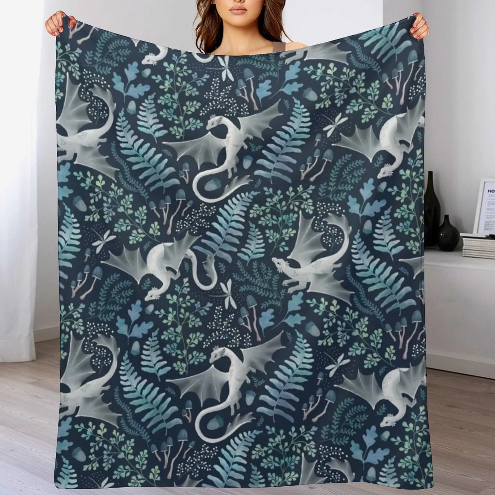 Forest dragons in shades of blue and green on navy blue Throw Blanket Lightweight Warm Blanket for Travel Camping