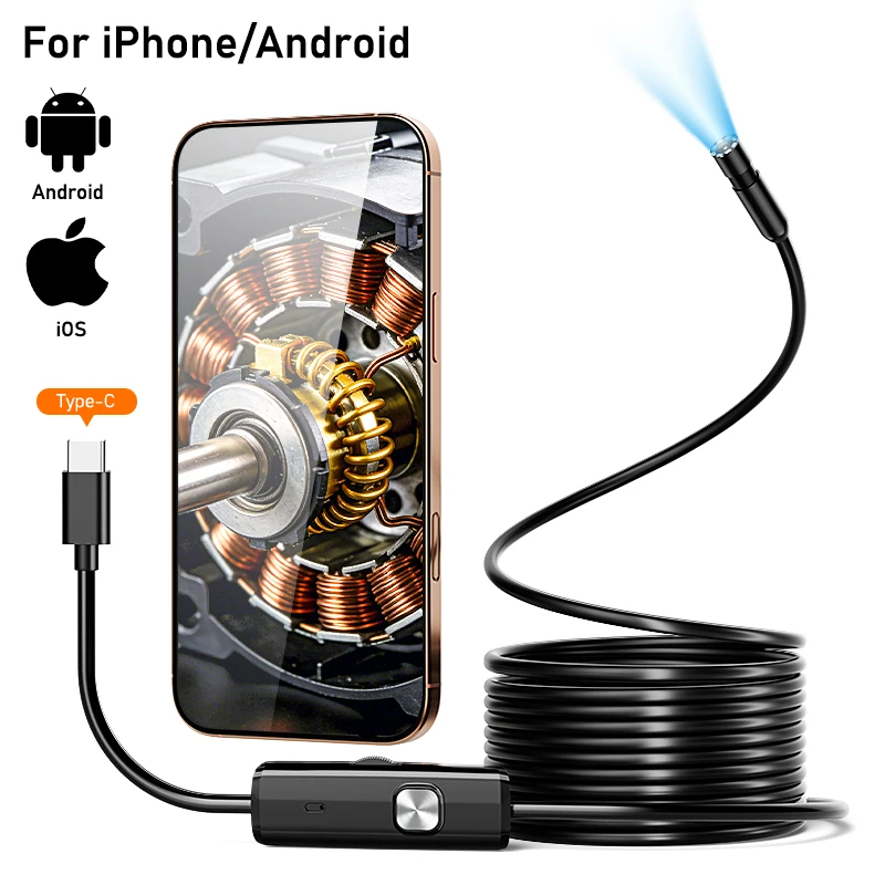 Industrail Endoscope Type-C Video Camera 8mm/5.5mm USB-C Waterproof LEDs Pipe Inspection Borescope for IOS iphone Android Phones