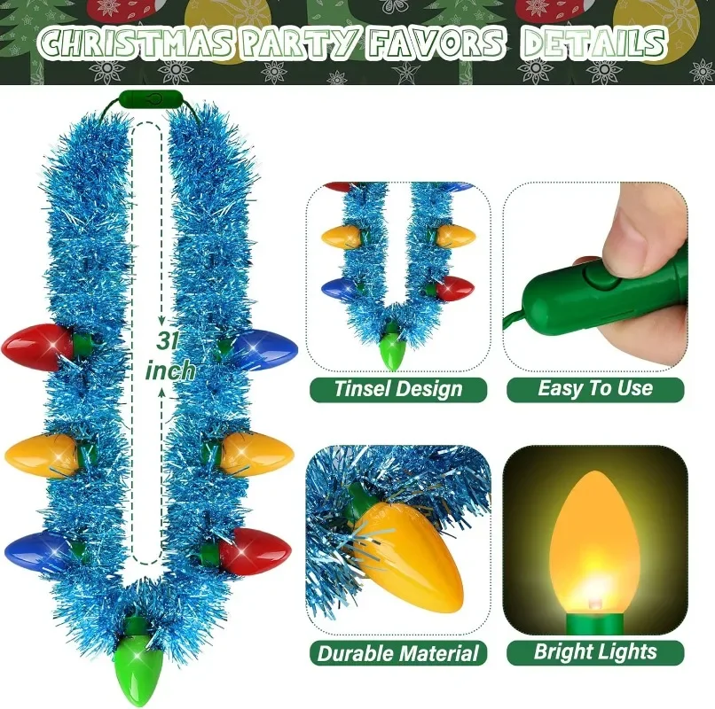 3PCS Light Up Christmas Necklace Accessories 7 Bulb Red Yellow Blue Green Necklaces for Women New Year Party Supplies