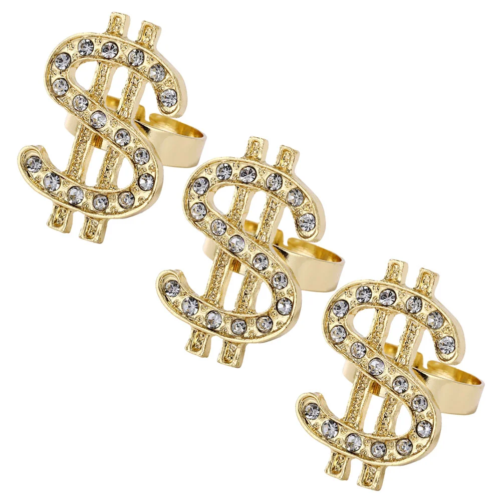 

3 Pcs Diamond Rapper Punk Costume Props Masquerade Decor Rings Metal Party and Women Jewelry